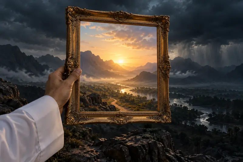 إطار صورة يُدار ليكشف منظراً أوسع وأكثر إشراقاً