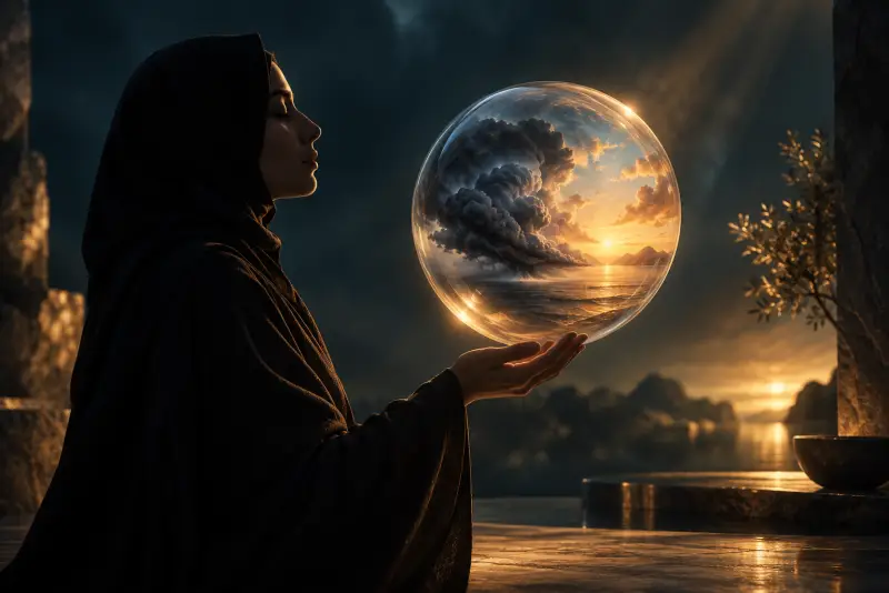 شخص مغمض العينين تتحول حوله سحب العاصفة إلى سماء صافية